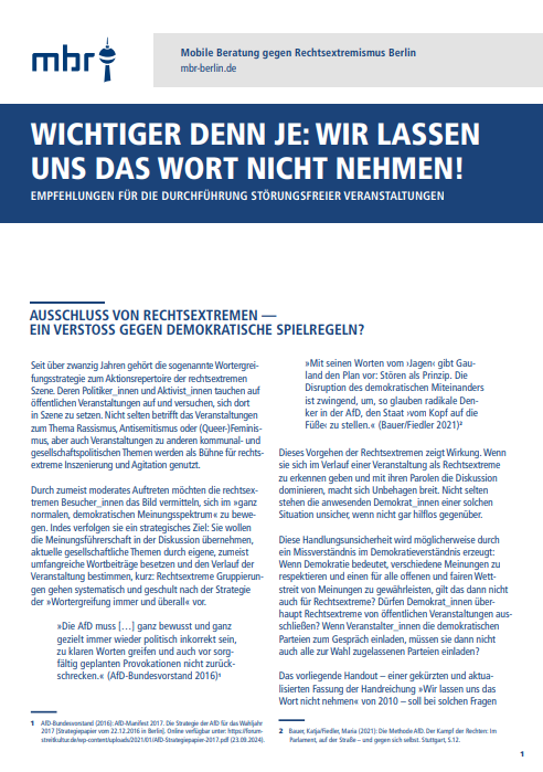 Erste Seite der Handreichung "Wichtiger denn je: Wir lassen uns das Wort nicht nehmen! Empfehlungen für die Durchführung störungsfreier Veranstaltungen" der Mobilen Beratung gegen Rechtsextremismus Berlin